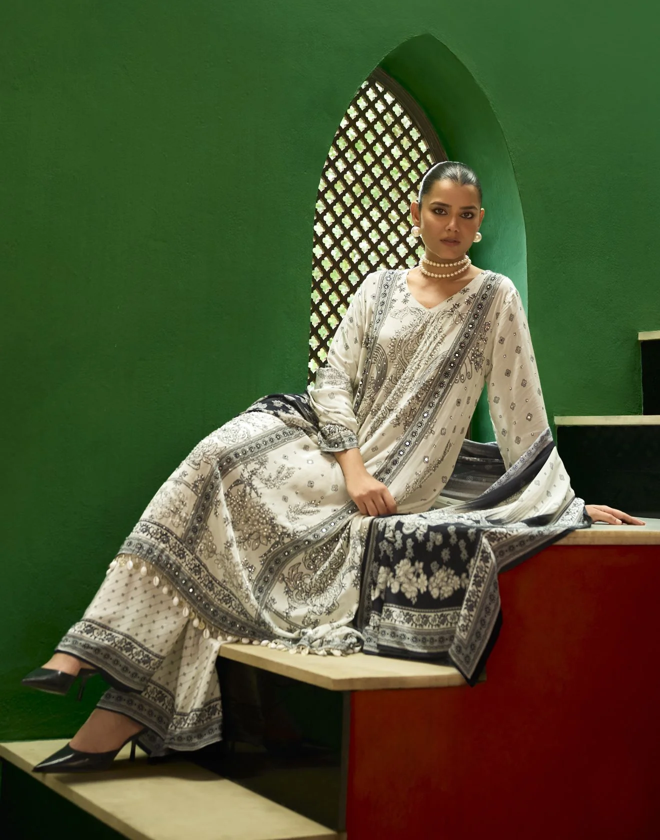 Moon Beam Ethnic Printed Festive Pure Crepe Kurta Palazzo Set - Image 3