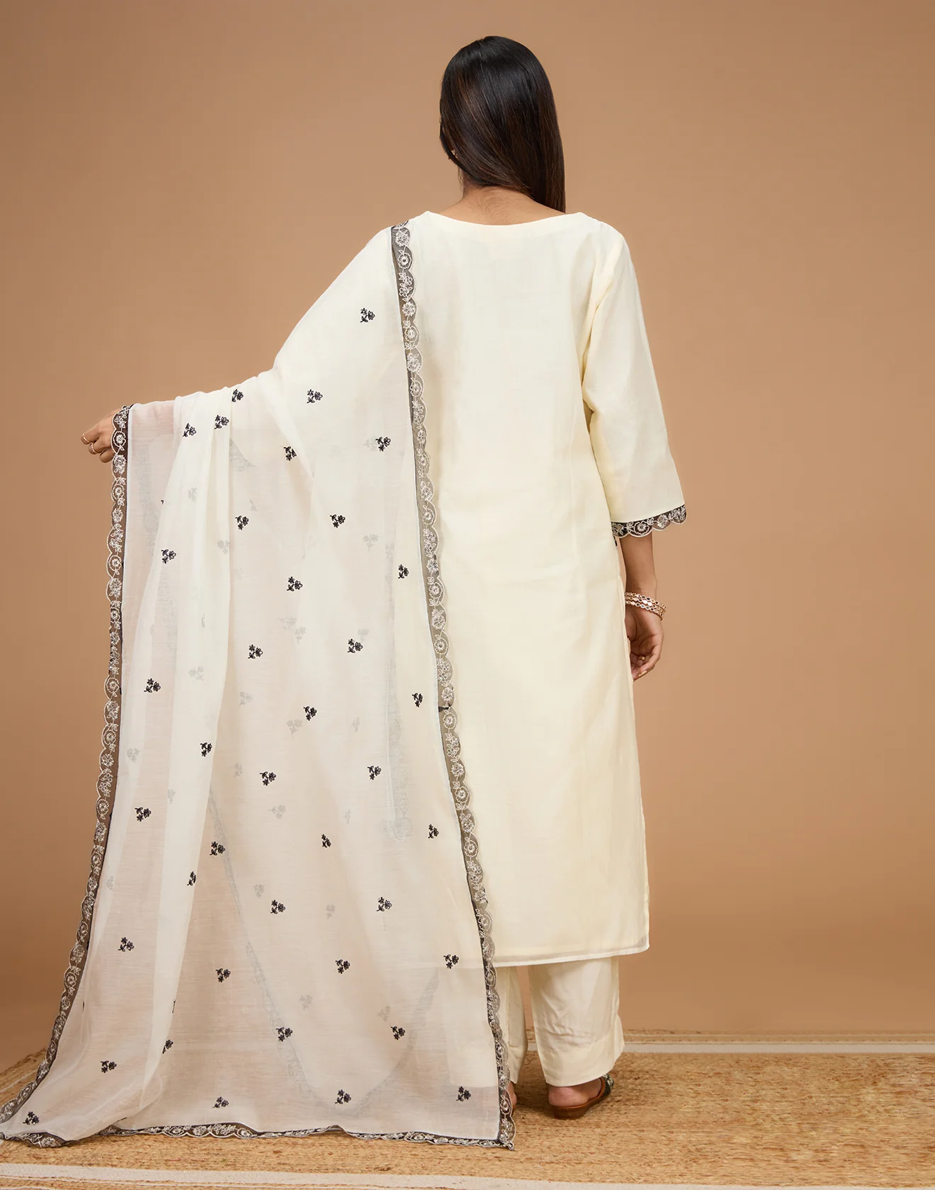 Moon White With Cosmic Black Thread Work Cotton Silk Unstitched Suit Set - Image 6