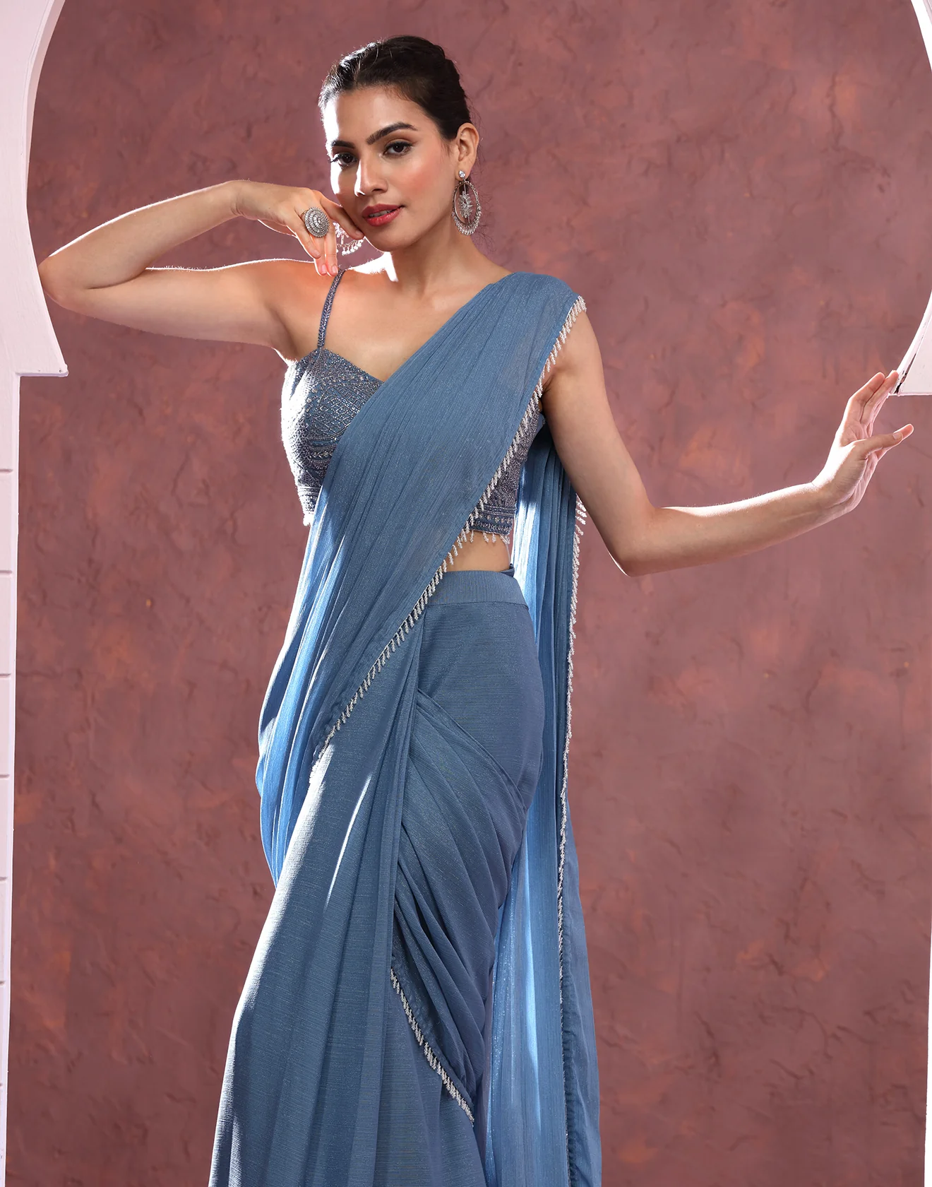 Moonstone Mist Shimmer Chiffon Pre-Stitched Saree With Blouse - Image 3