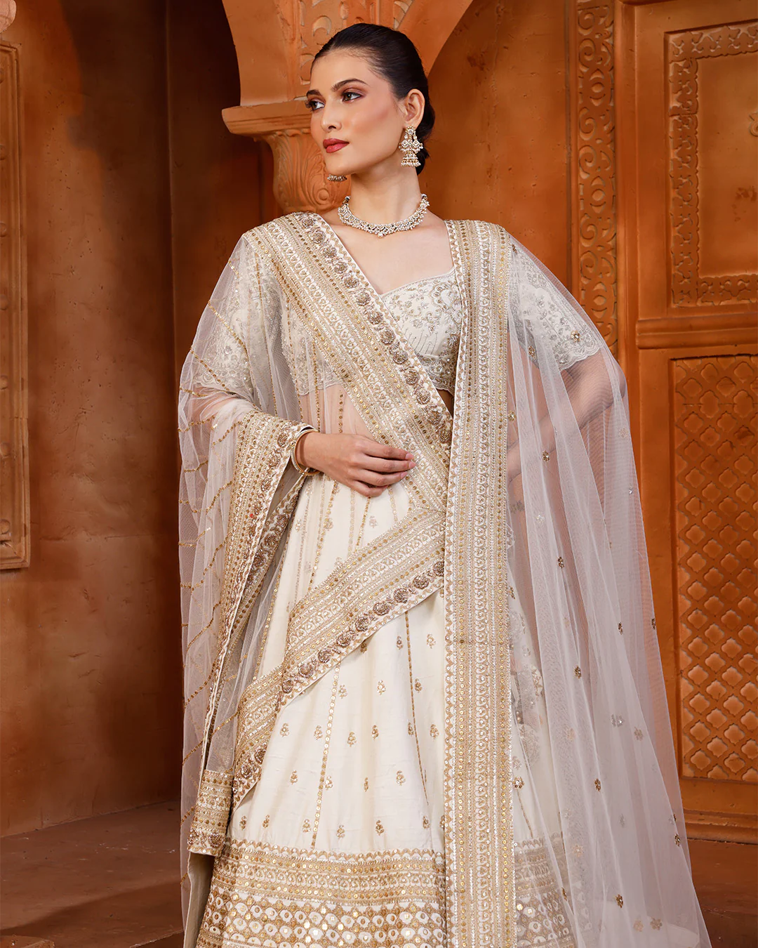 Moonstone Shine Bridal Lehenga Set With Unstitched Blouse Fabric And Two Dupattas - Image 3