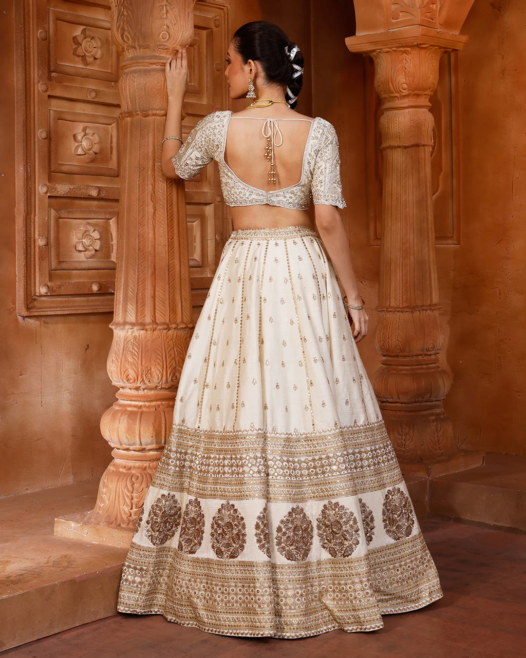 Moonstone Shine Bridal Lehenga Set With Unstitched Blouse Fabric And Two Dupattas - Image 4