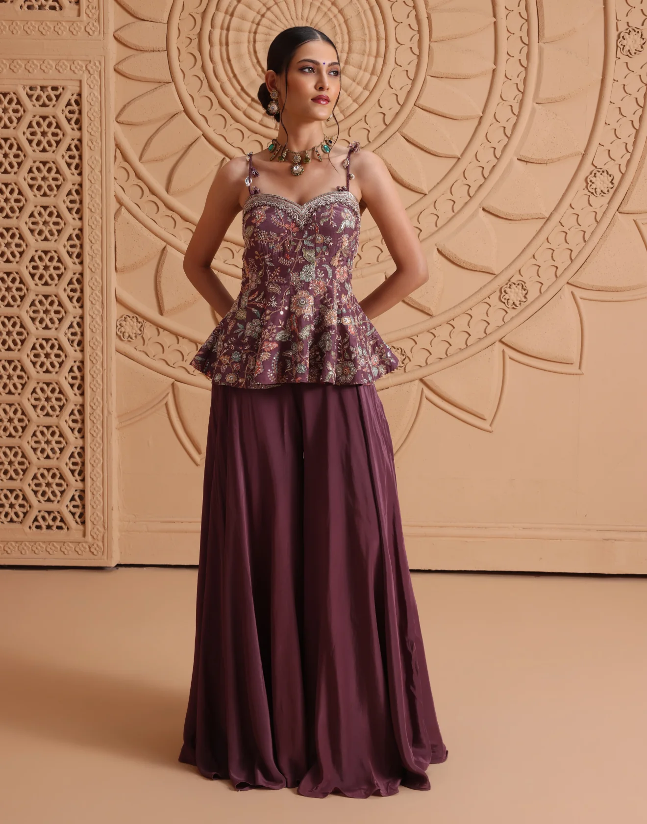 Mulberry Muse Peplum Top With Flared Palazzo Indo-Western Set - Image 2
