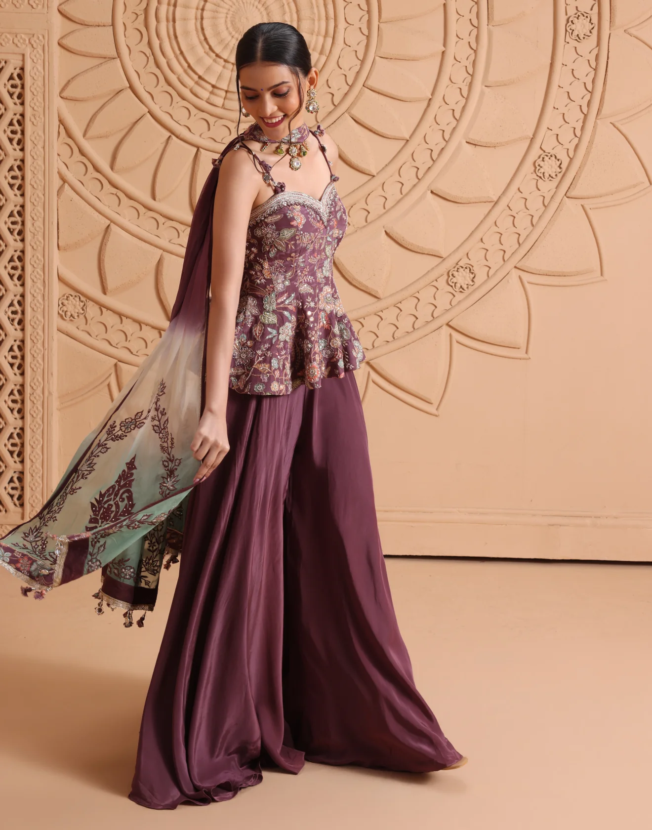 Mulberry Muse Peplum Top With Flared Palazzo Indo-Western Set - Image 3