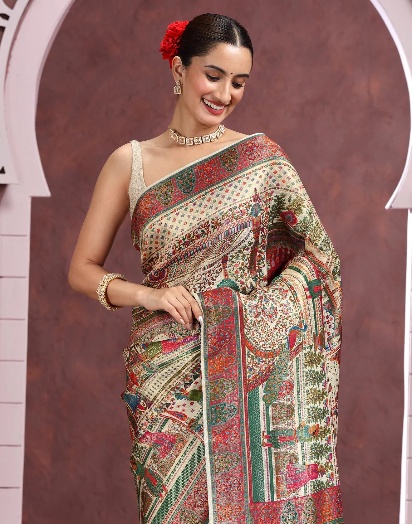 Multicolor Madhubani Mélange Dola Silk Saree - Image 3
