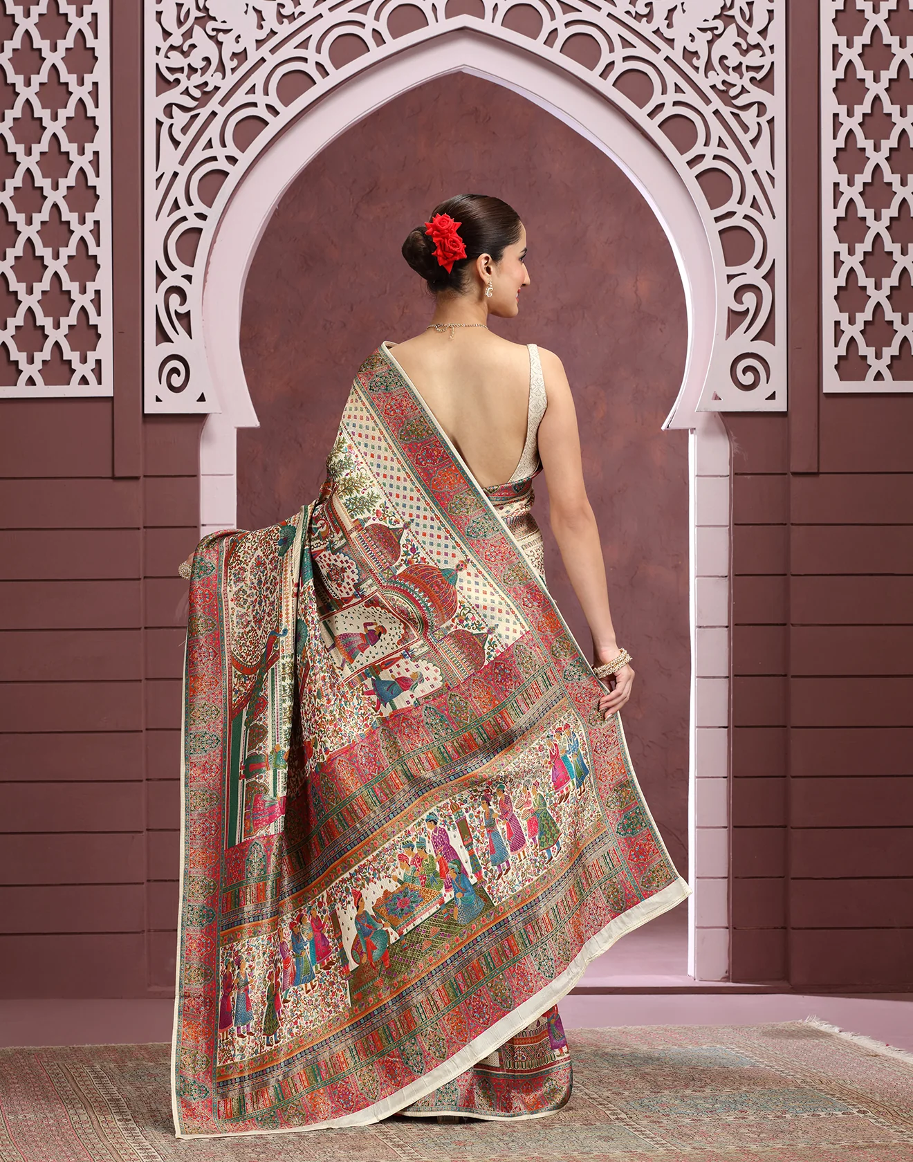 Multicolor Madhubani Mélange Dola Silk Saree - Image 4