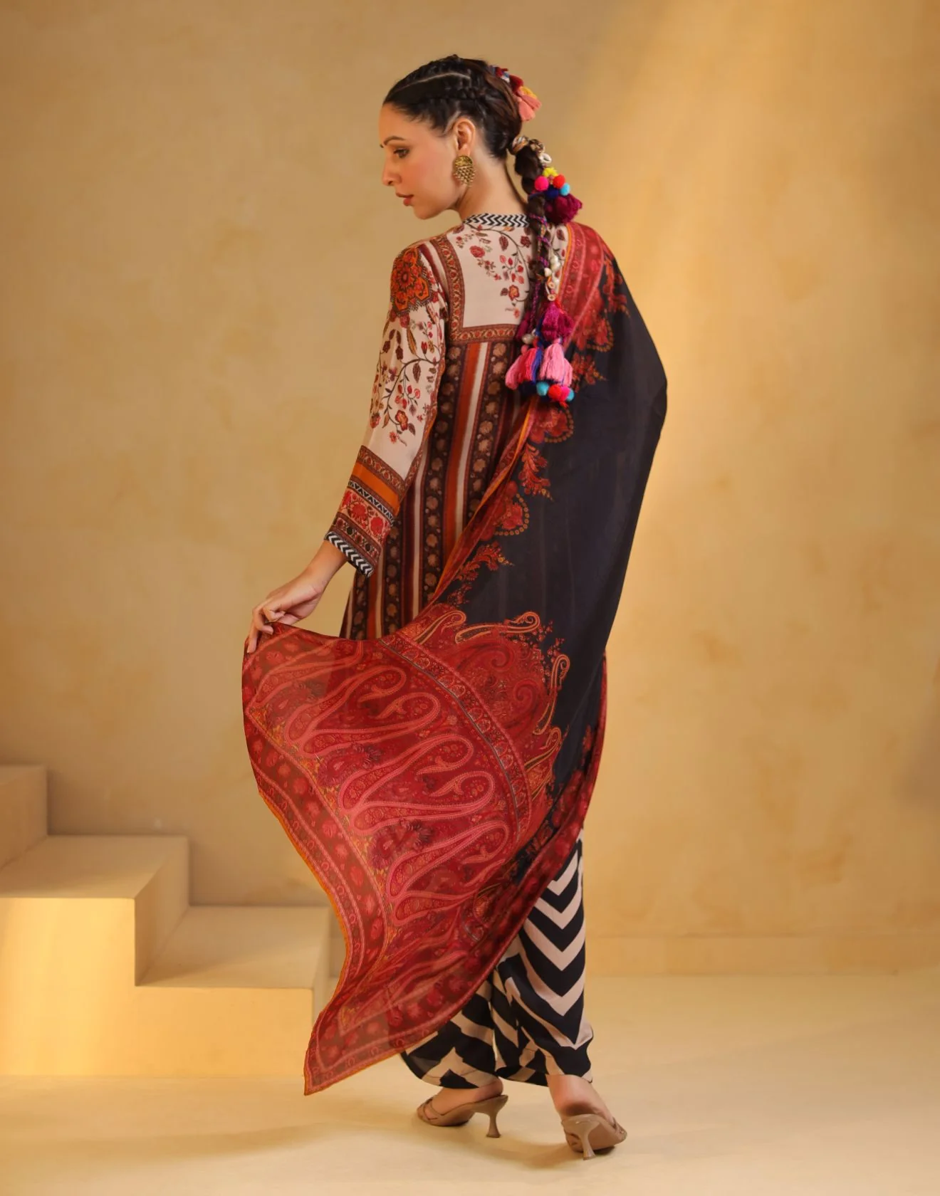 Multicolor Mughal Printed Kurta With Chevron Pant Crepe Silk Kurta Set - Image 5