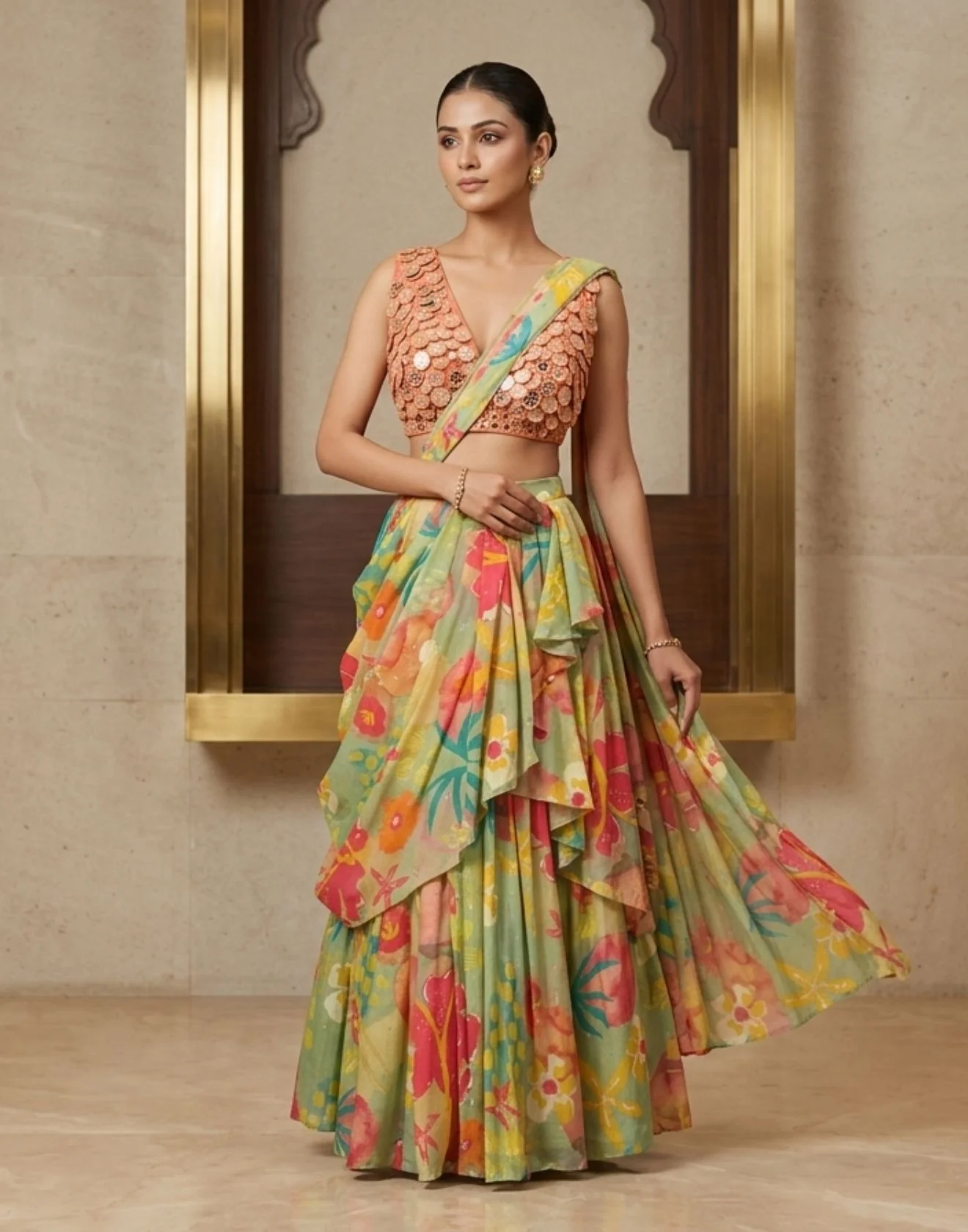 Multihue Abstracts Printed Drape Skirt With Embellished Blouse