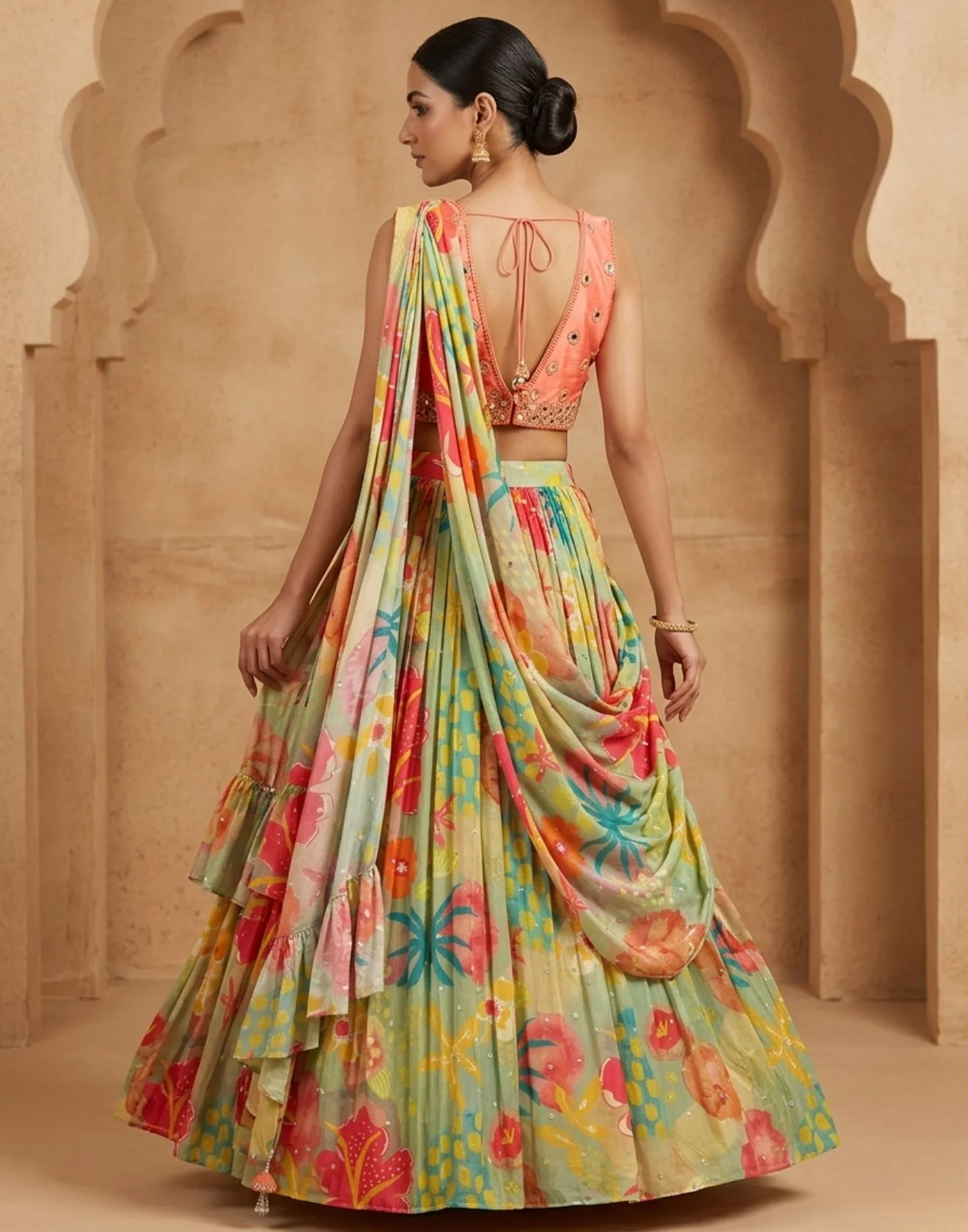 Multihue Abstracts Printed Drape Skirt With Embellished Blouse - Image 2