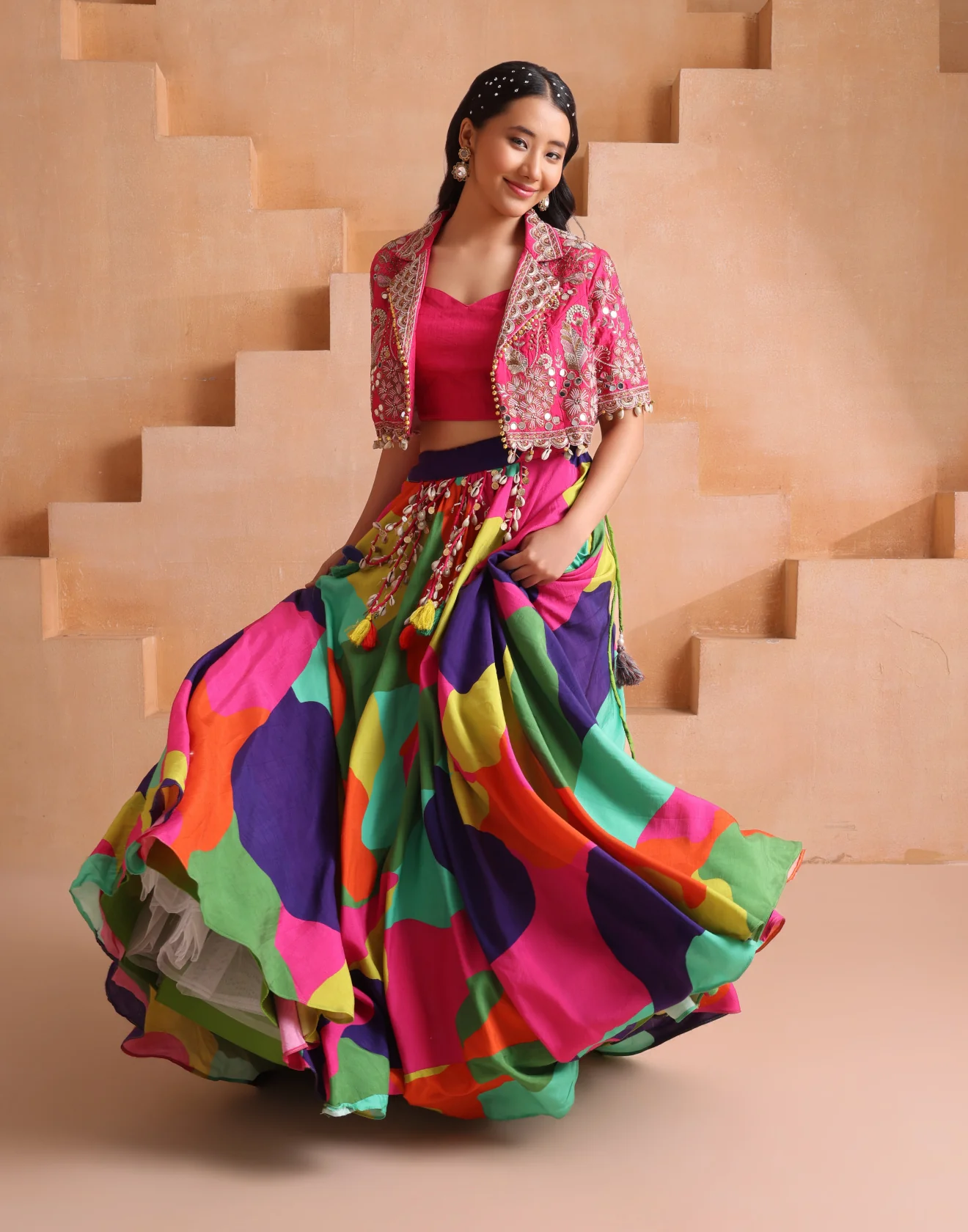 Multihue Printed Lehenga With Embroidered Jacket Set