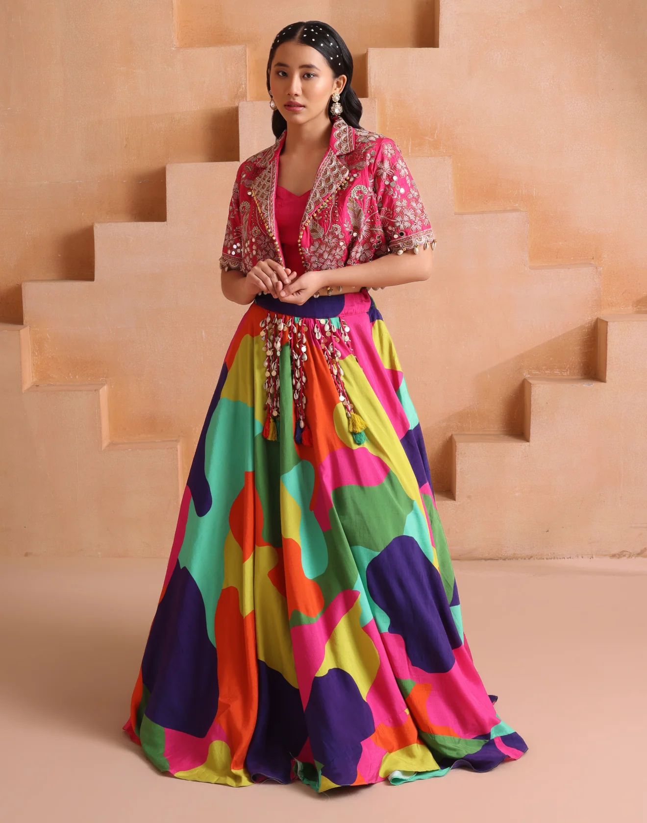 Multihue Printed Lehenga With Embroidered Jacket Set - Image 2