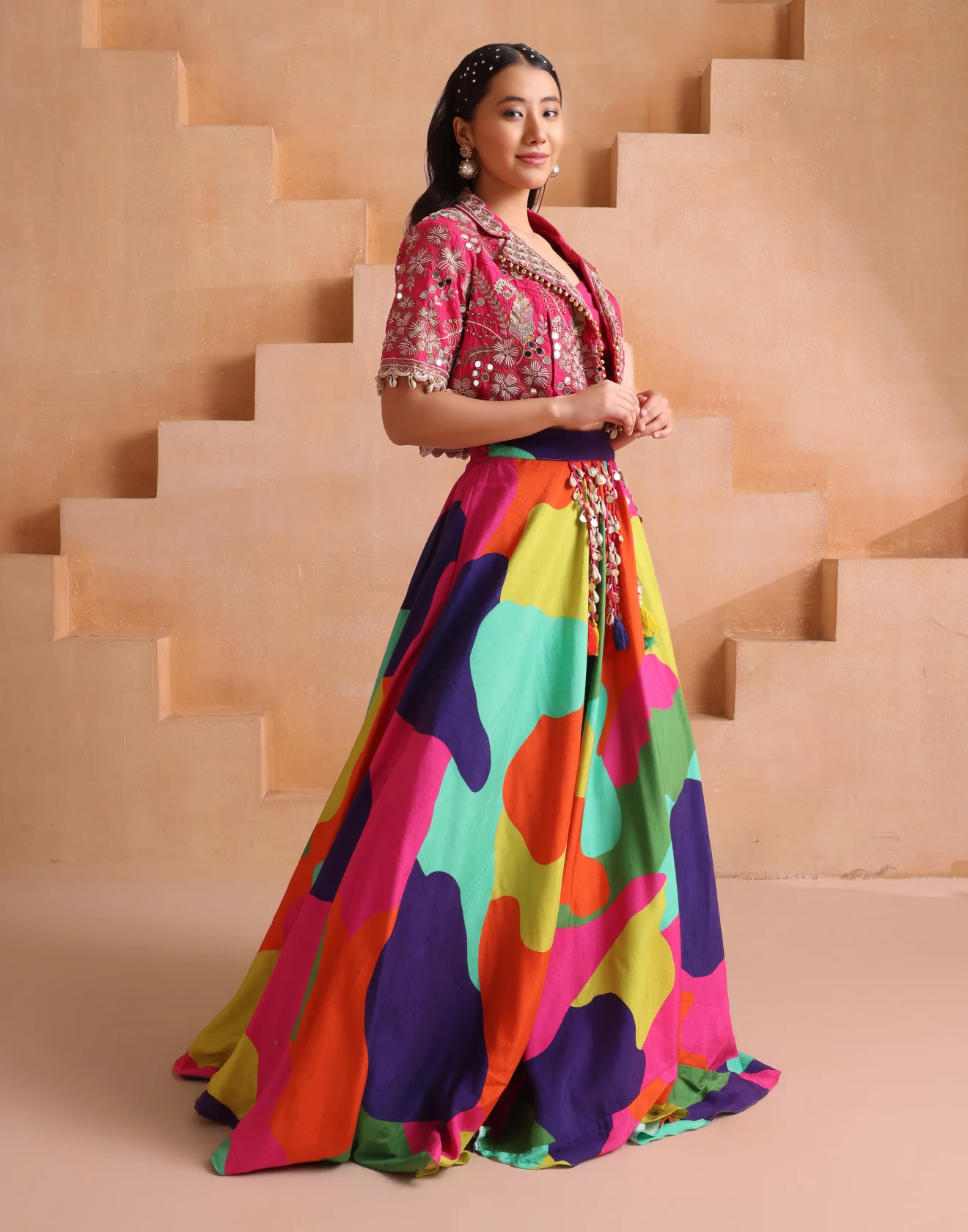 Multihue Printed Lehenga With Embroidered Jacket Set - Image 3