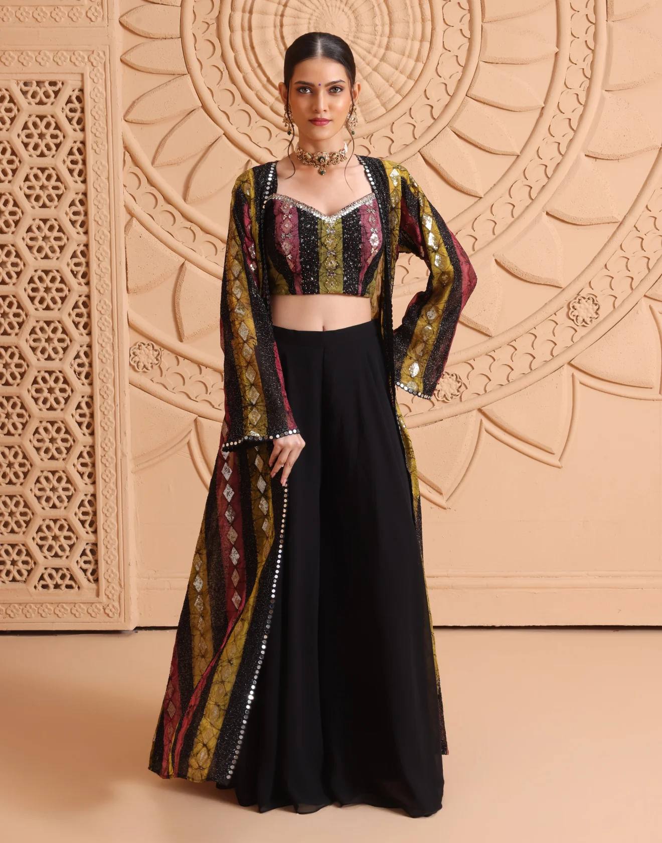 Multihued Stripped With Sequin Embroidered Georgette Indo-Western Jacket Suit