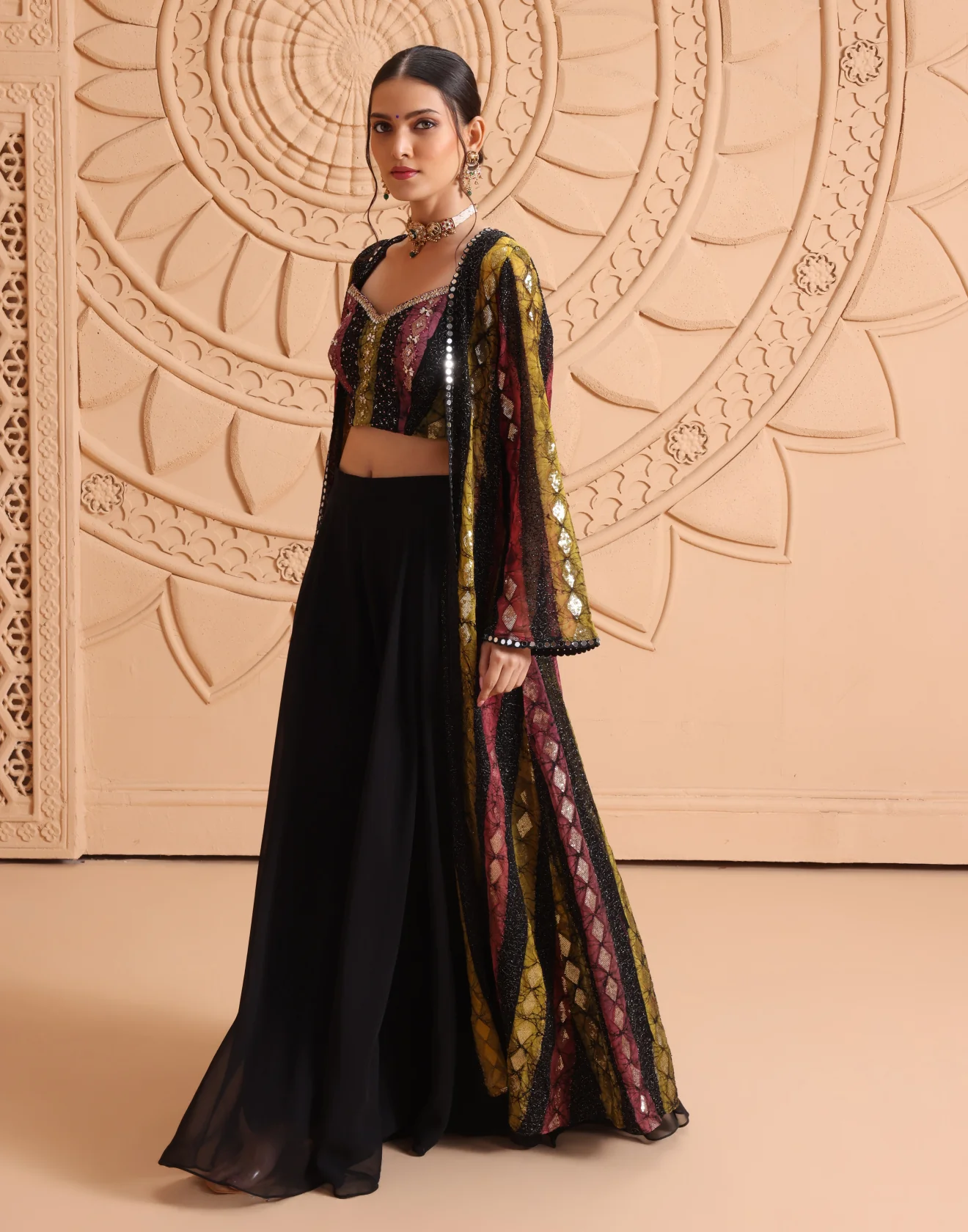 Multihued Stripped With Sequin Embroidered Georgette Indo-Western Jacket Suit - Image 2