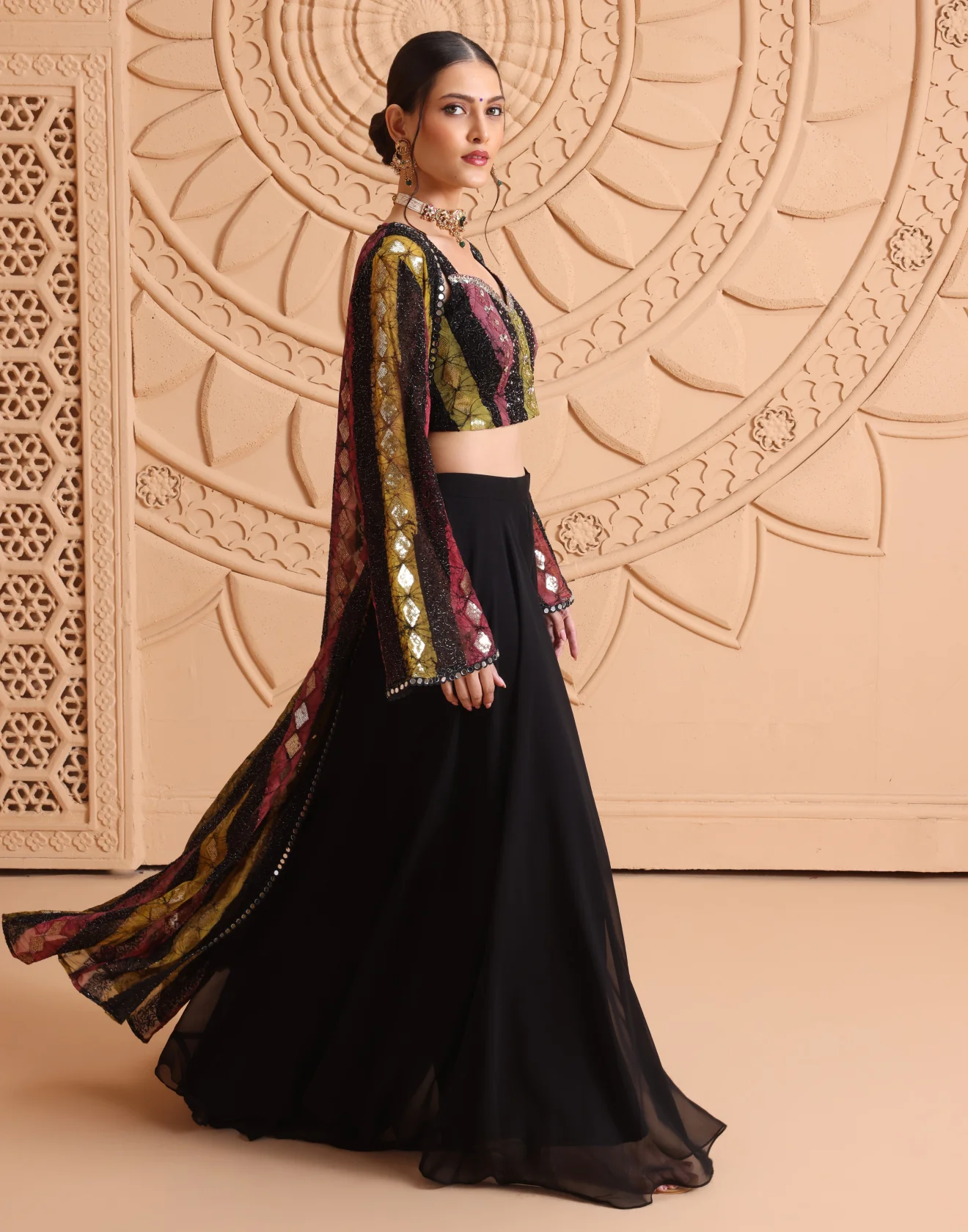 Multihued Stripped With Sequin Embroidered Georgette Indo-Western Jacket Suit - Image 3