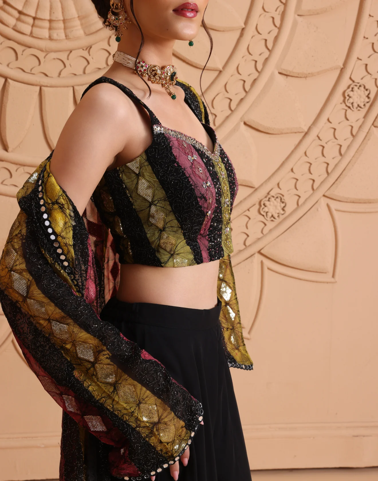 Multihued Stripped With Sequin Embroidered Georgette Indo-Western Jacket Suit - Image 4