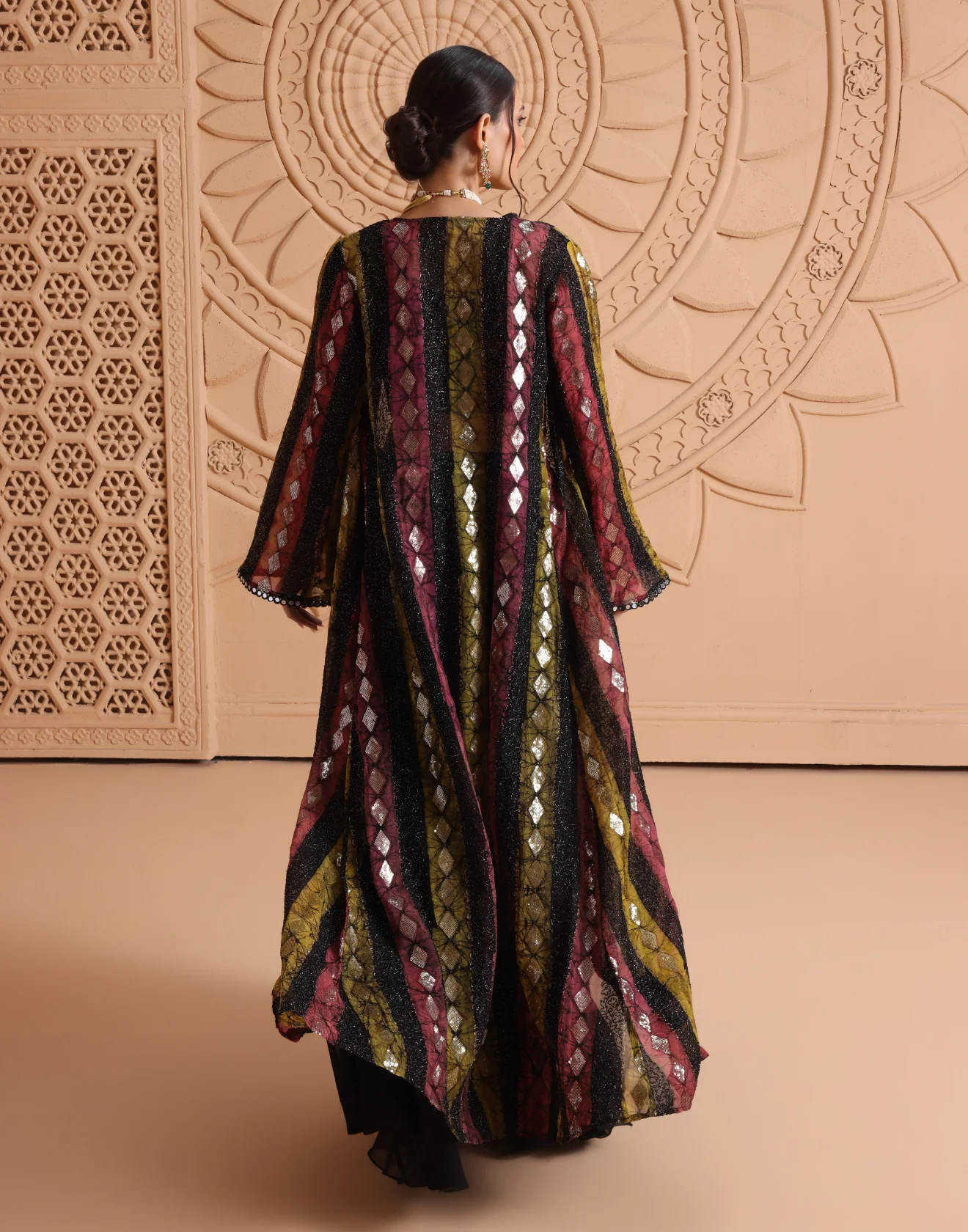 Multihued Stripped With Sequin Embroidered Georgette Indo-Western Jacket Suit - Image 5