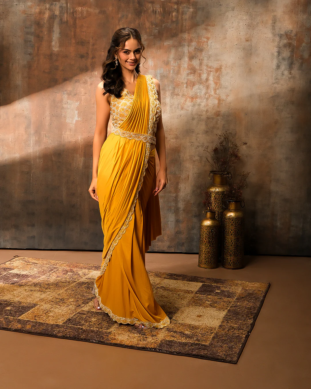 Mustard Magic Pre-Draped Festive Saree - Image 2