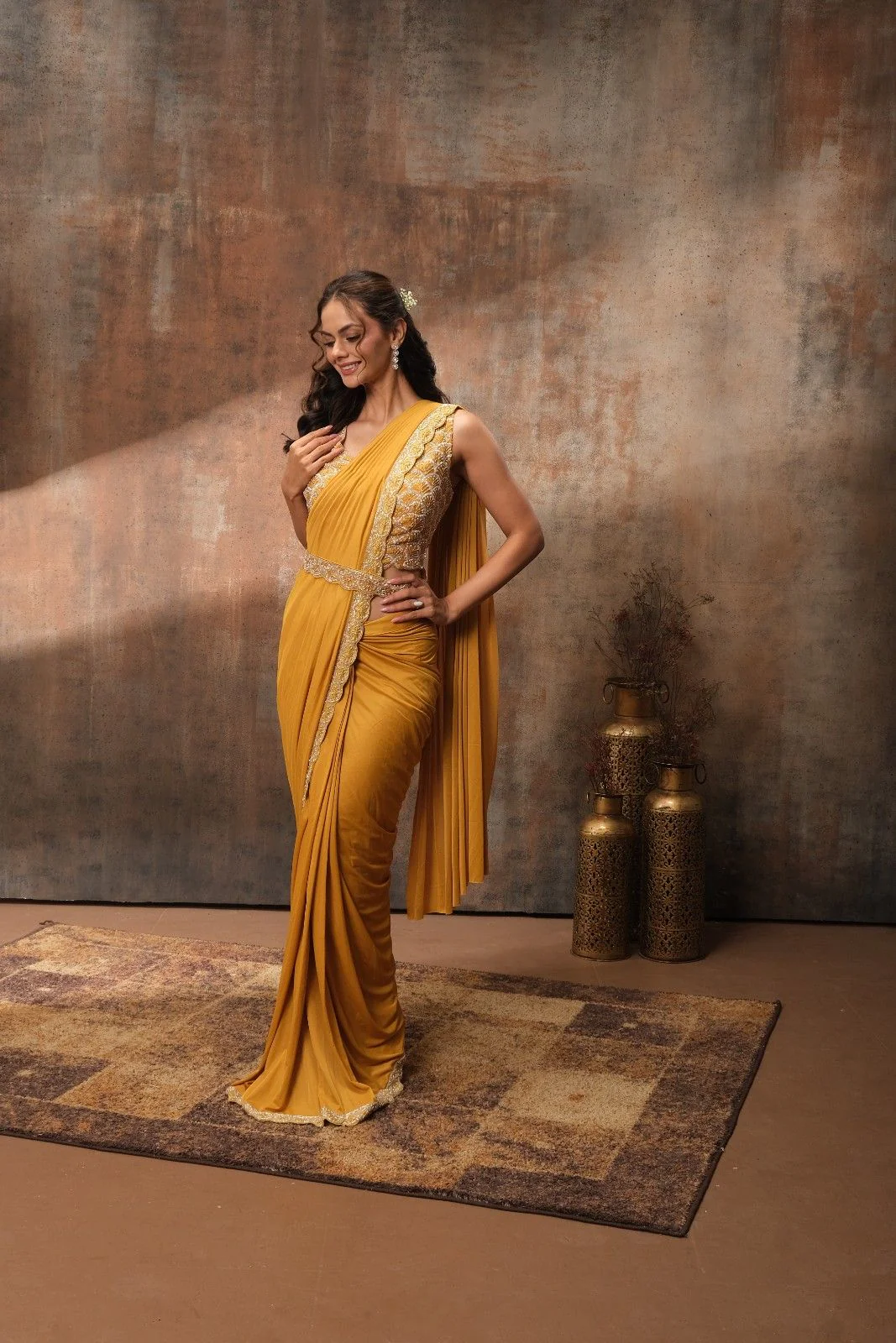 Mustard Magic Pre-Draped Festive Saree - Image 3