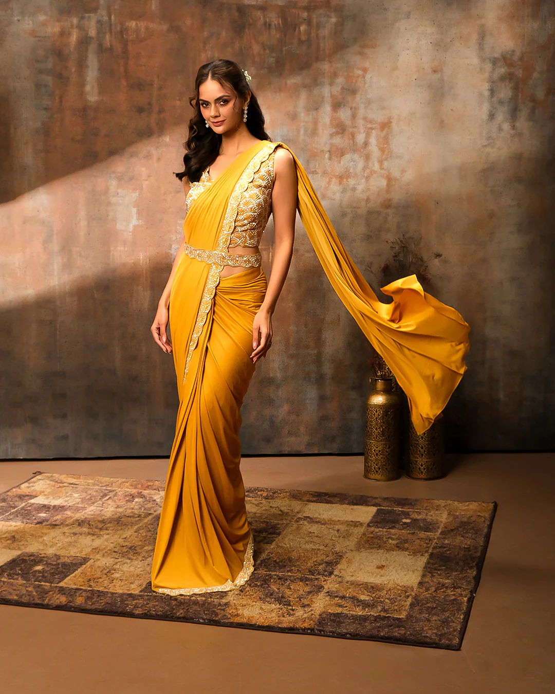 Mustard Magic Pre-Draped Festive Saree - Image 4