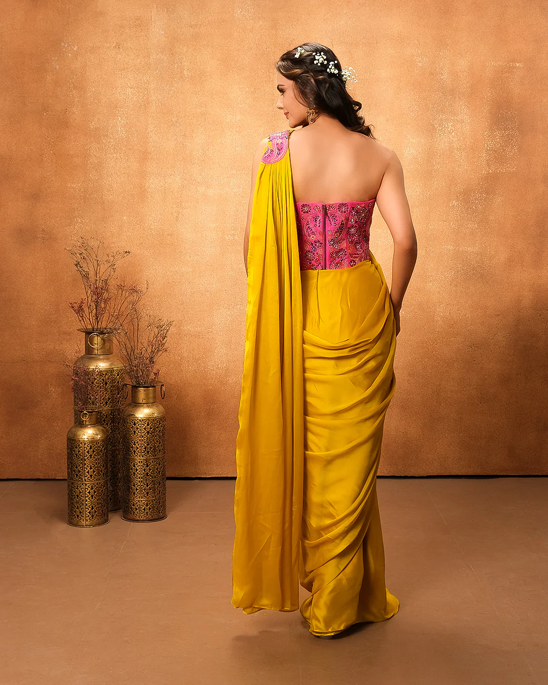 Mustard Rays Pre-Draped Saree With Rani Pink Corset Blouse - Image 5