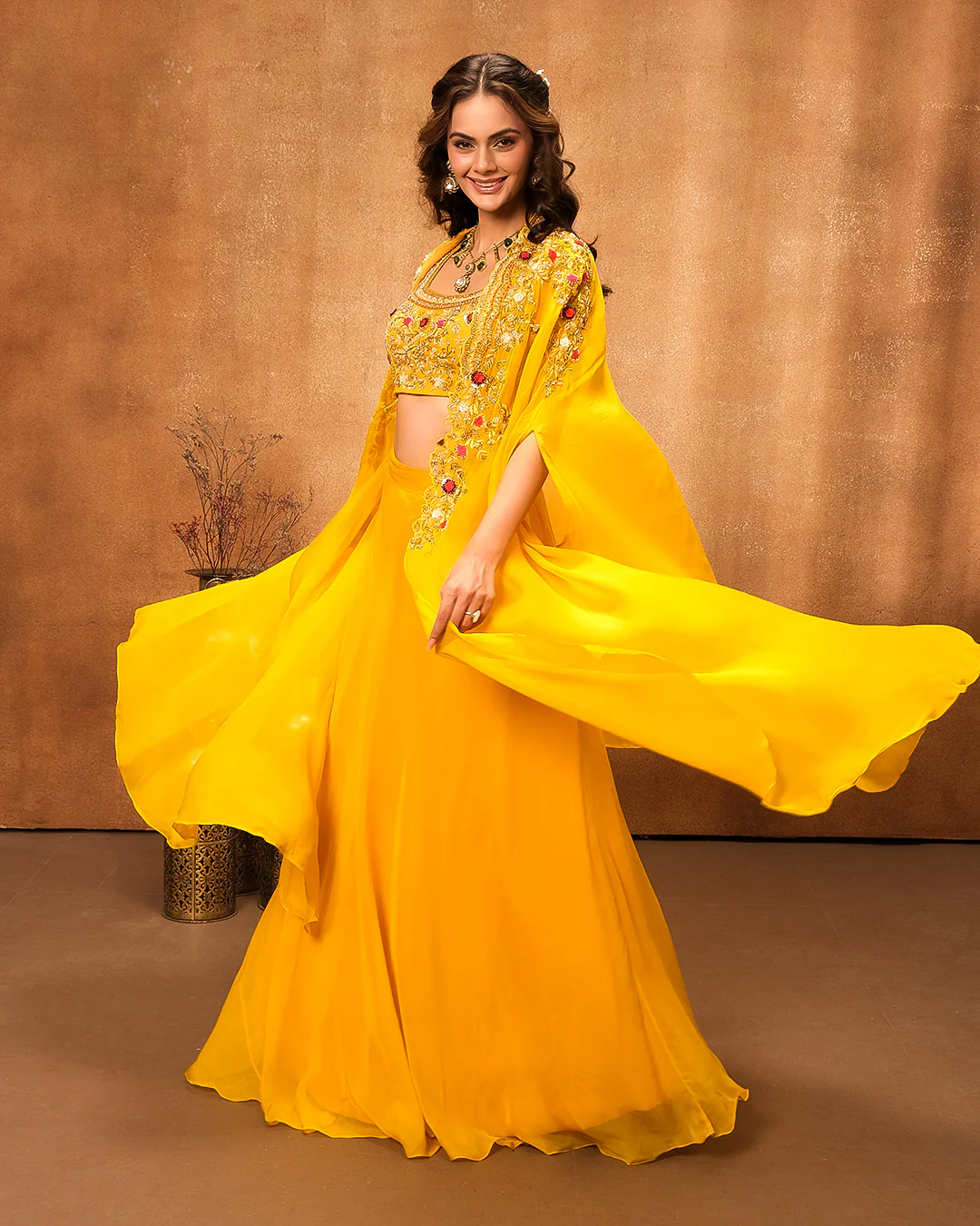 Mustard Yellow Embroidered Bustier With Jacket & Skirt Set - Image 2