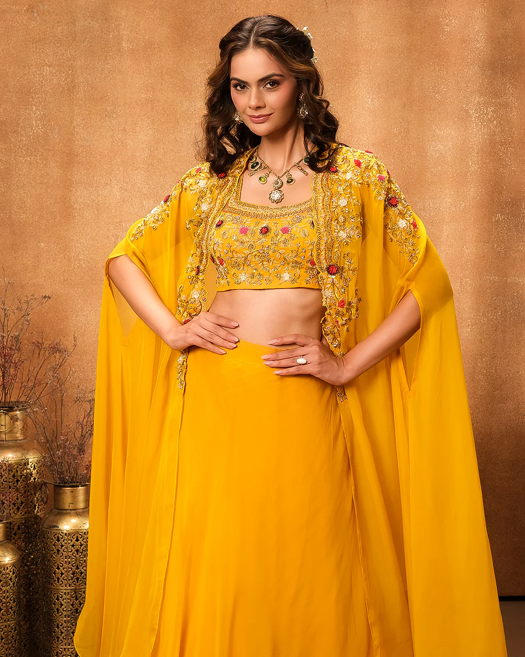 Mustard Yellow Embroidered Bustier With Jacket & Skirt Set - Image 3