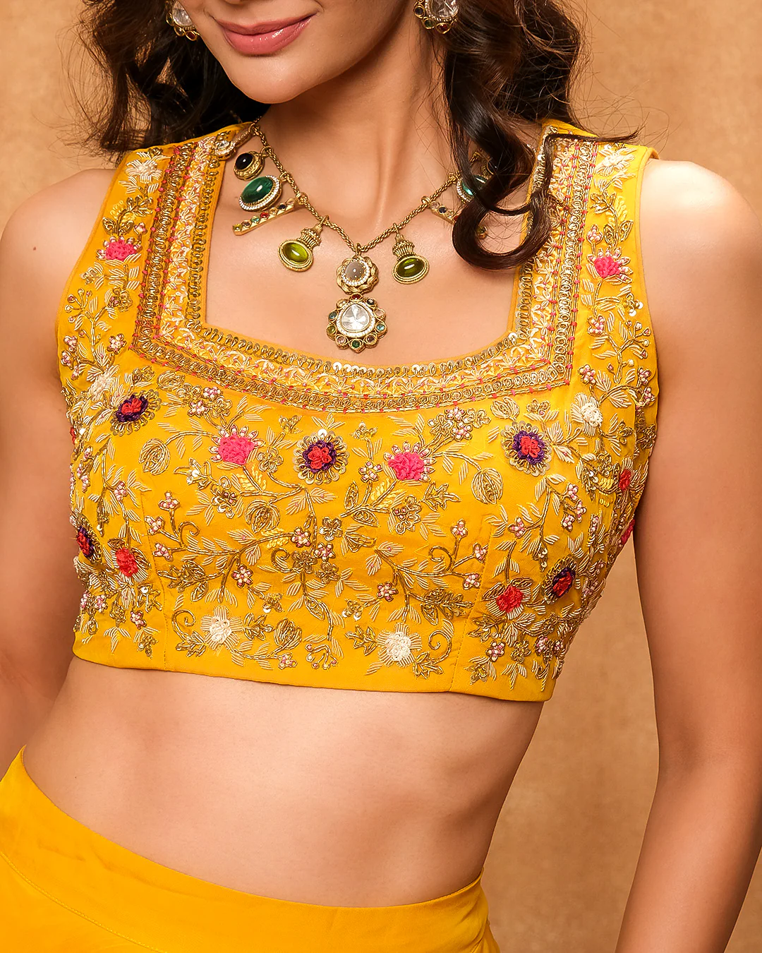 Mustard Yellow Embroidered Bustier With Jacket & Skirt Set - Image 4