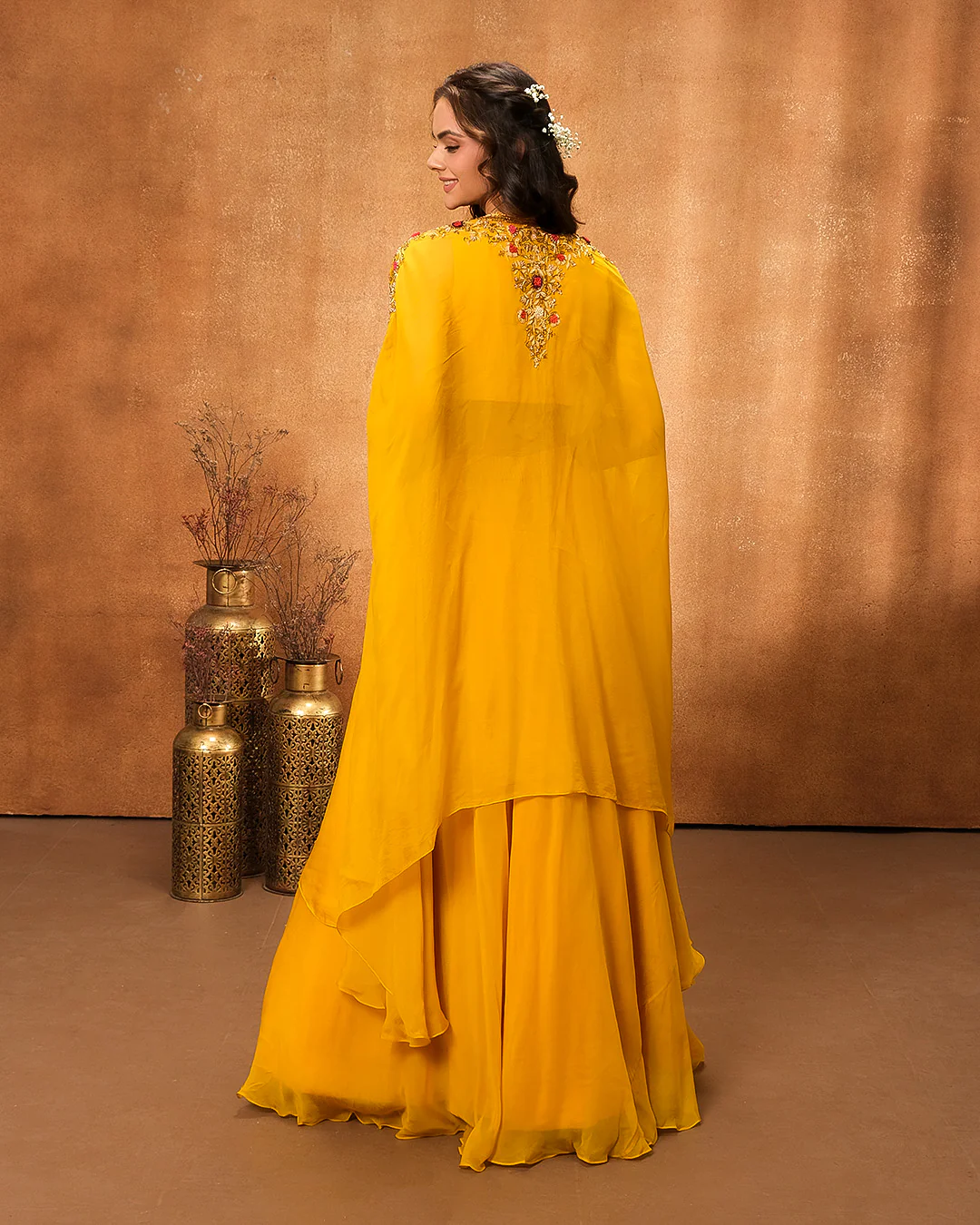 Mustard Yellow Embroidered Bustier With Jacket & Skirt Set - Image 5