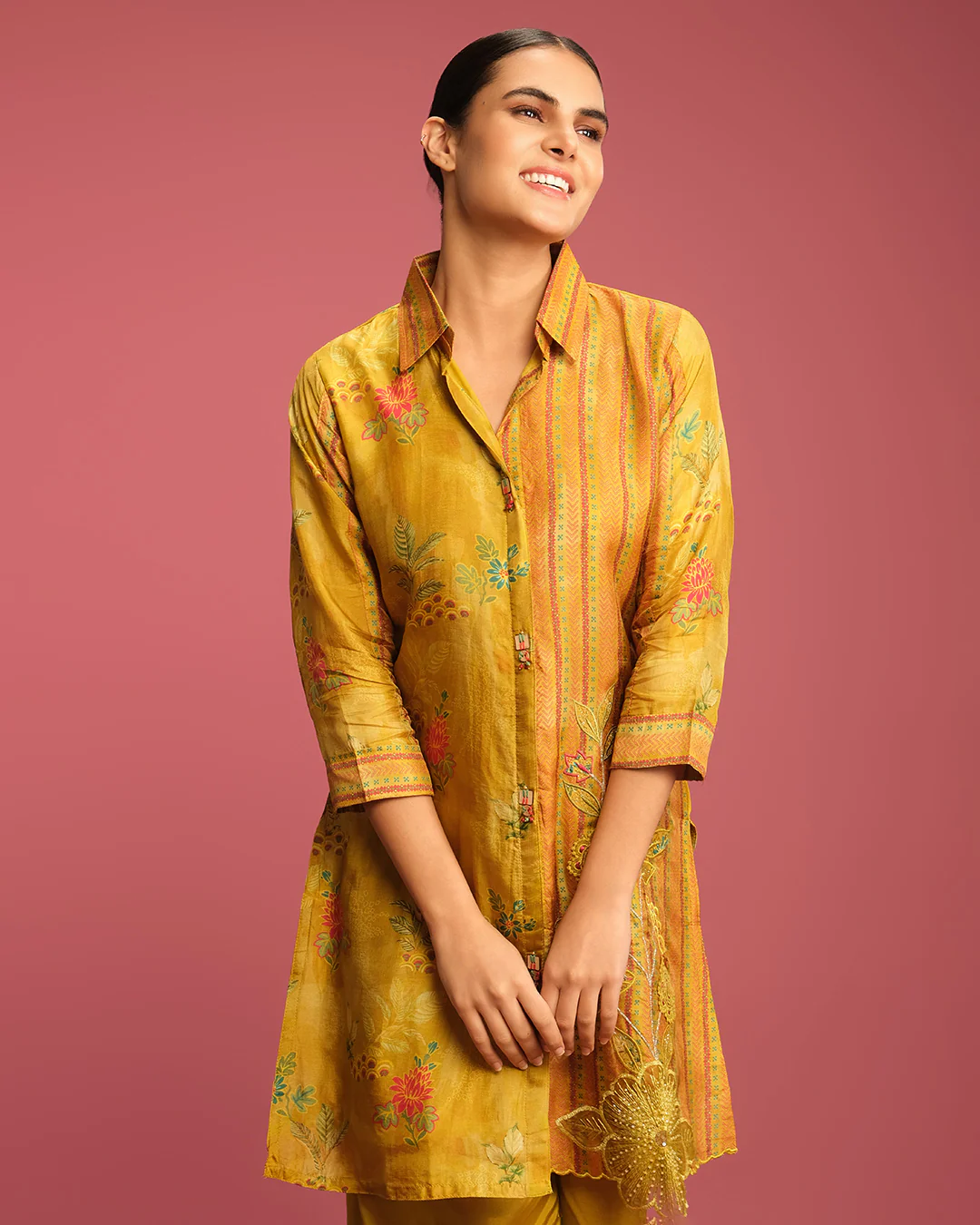Mustard Yellow Printed With Cutwork Highlight Co-Ord Set - Image 3
