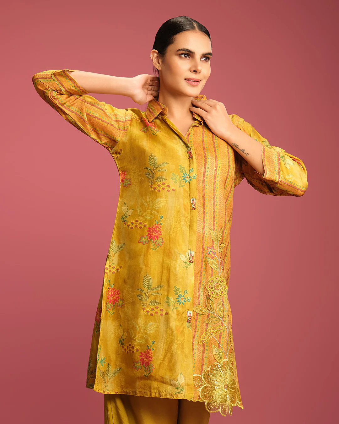 Mustard Yellow Printed With Cutwork Highlight Co-Ord Set - Image 4