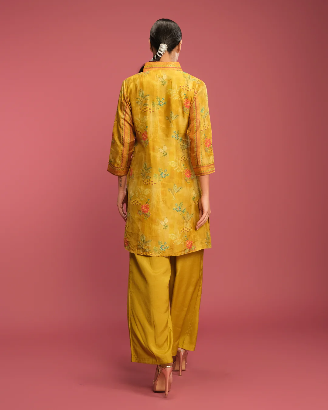 Mustard Yellow Printed With Cutwork Highlight Co-Ord Set - Image 5