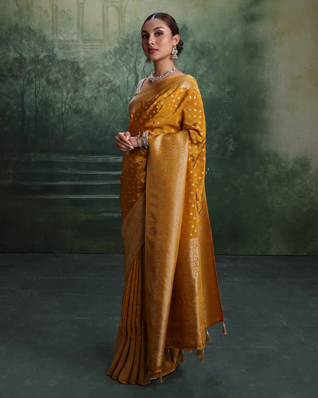 Mustard Yellow With Golden Weave Dola Silk Saree - Image 2