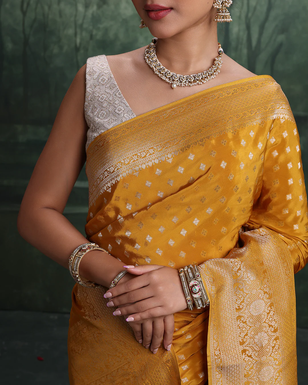 Mustard Yellow With Golden Weave Dola Silk Saree - Image 5