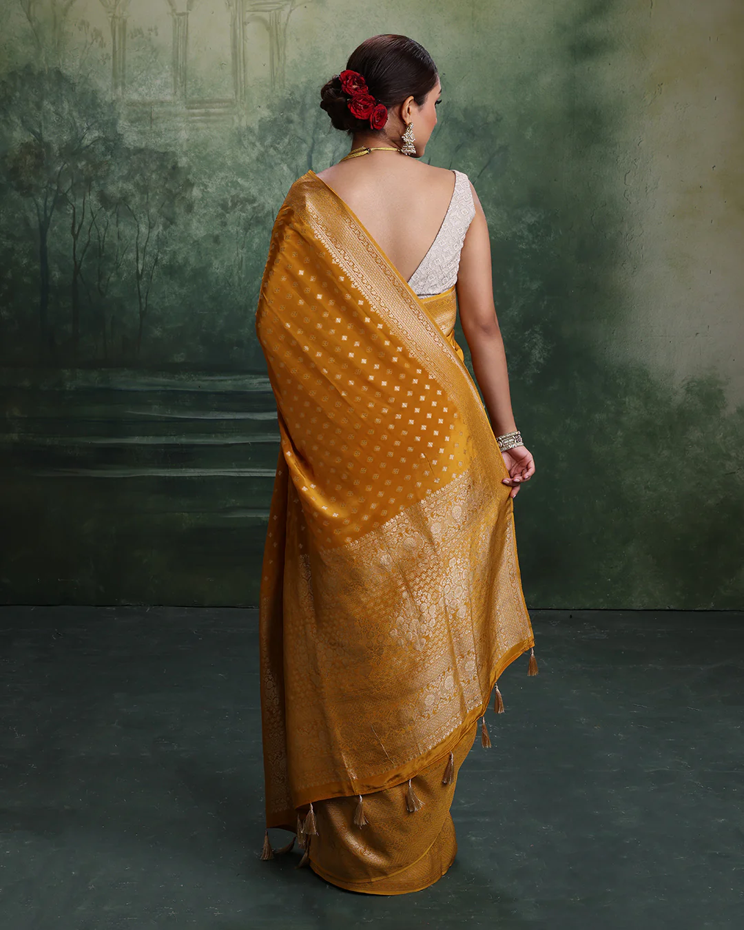 Mustard Yellow With Golden Weave Dola Silk Saree - Image 6