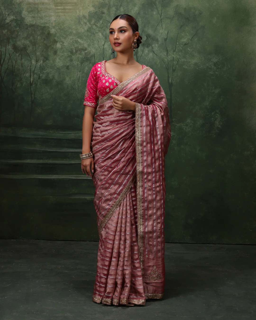 Mystic Merlot Shimmer Organza Saree With Stitched Blouse