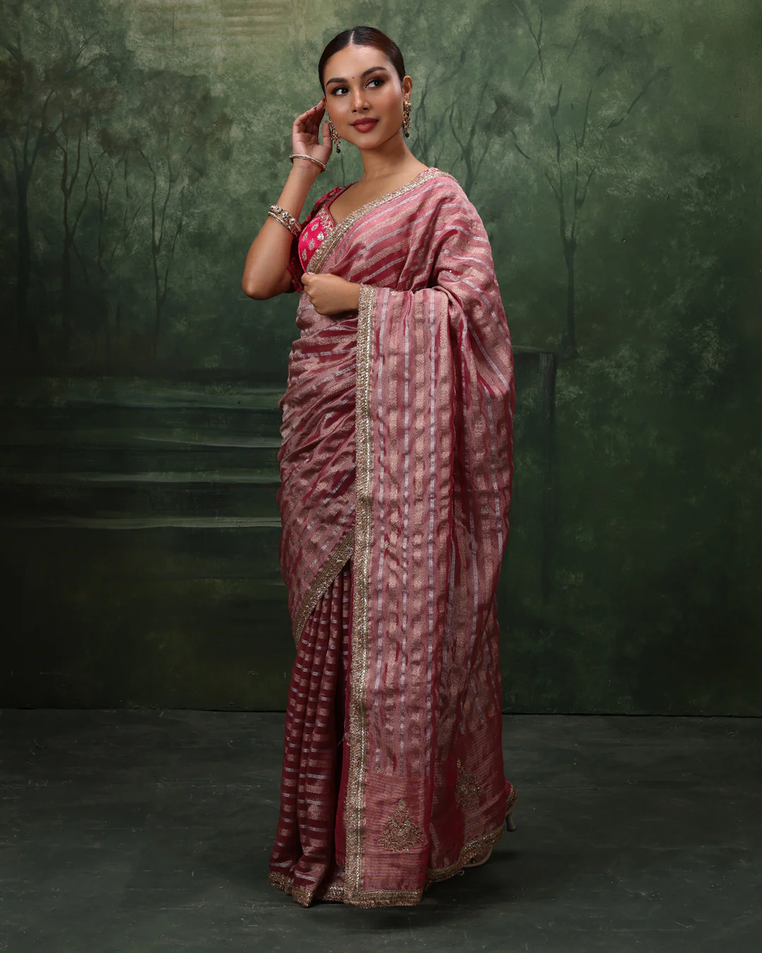 Mystic Merlot Shimmer Organza Saree With Stitched Blouse - Image 2