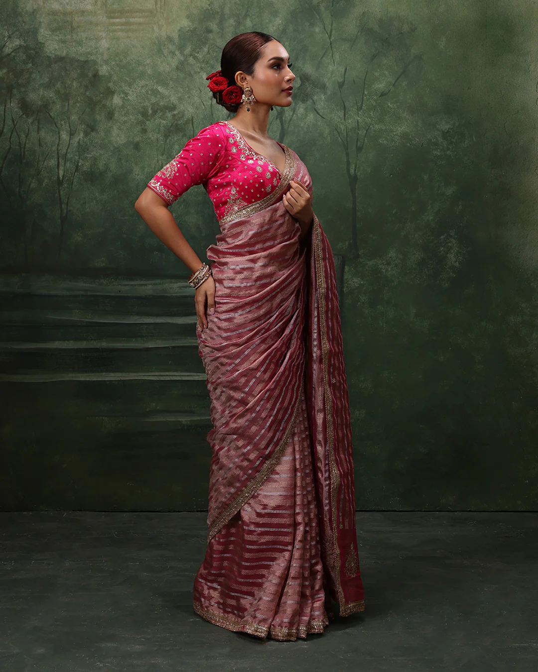 Mystic Merlot Shimmer Organza Saree With Stitched Blouse - Image 3
