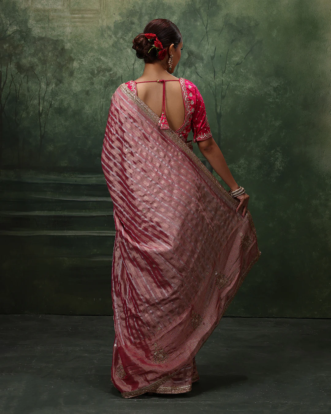 Mystic Merlot Shimmer Organza Saree With Stitched Blouse - Image 6