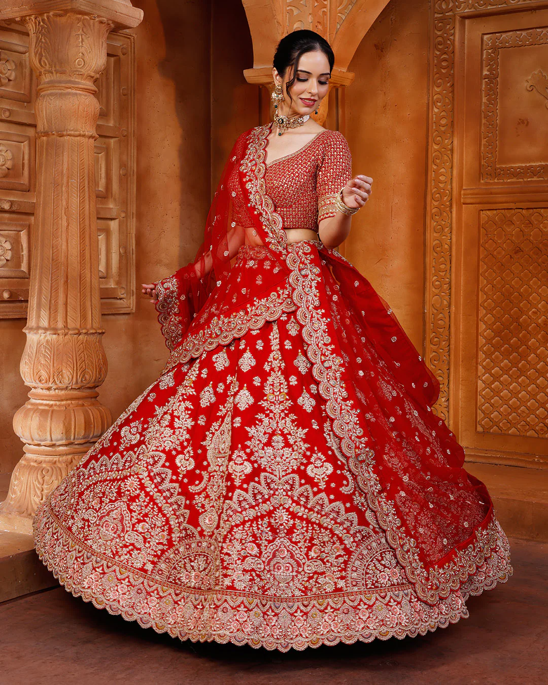 Mystique Red Embroidered Bridal Lehenga With Unstitched Blouse Piece