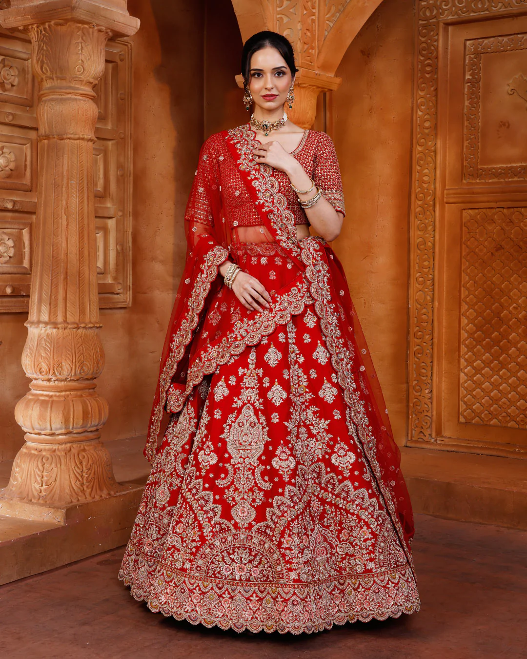 Mystique Red Embroidered Bridal Lehenga With Unstitched Blouse Piece - Image 2