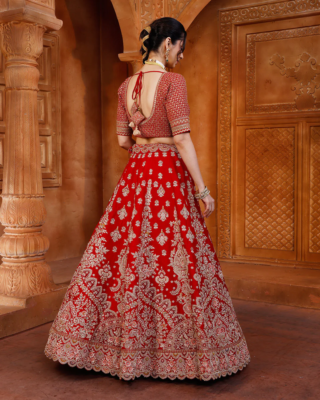 Mystique Red Embroidered Bridal Lehenga With Unstitched Blouse Piece - Image 3