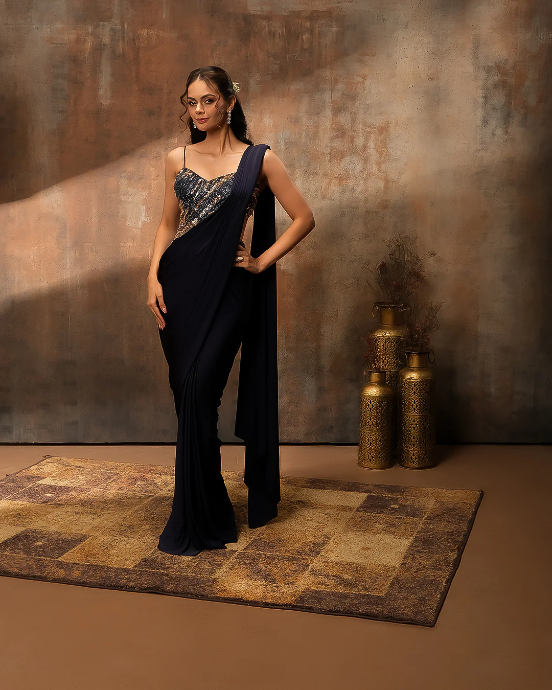 Navy Blue Lycra Pre-Draped Saree With Asymmetric Sequin Embellished Blouse