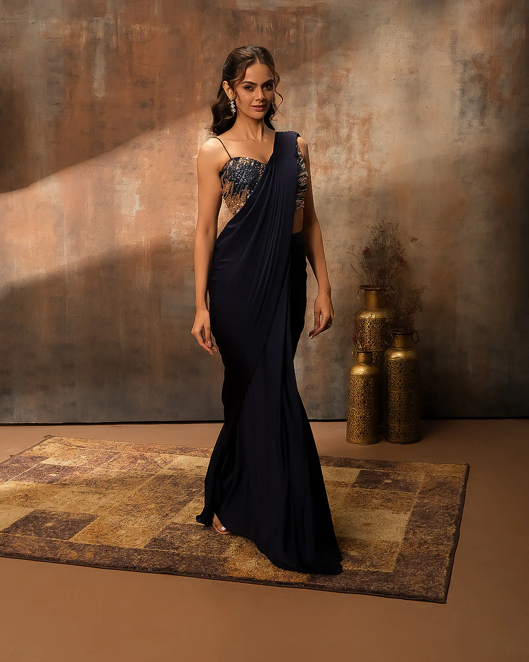 Navy Blue Lycra Pre-Draped Saree With Asymmetric Sequin Embellished Blouse - Image 2