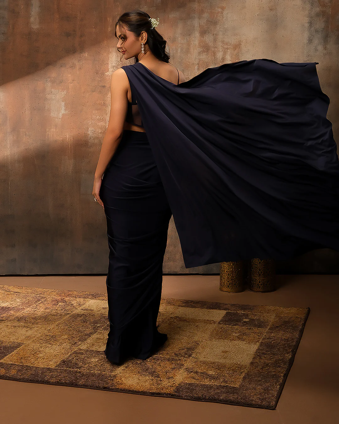 Navy Blue Lycra Pre-Draped Saree With Asymmetric Sequin Embellished Blouse - Image 5