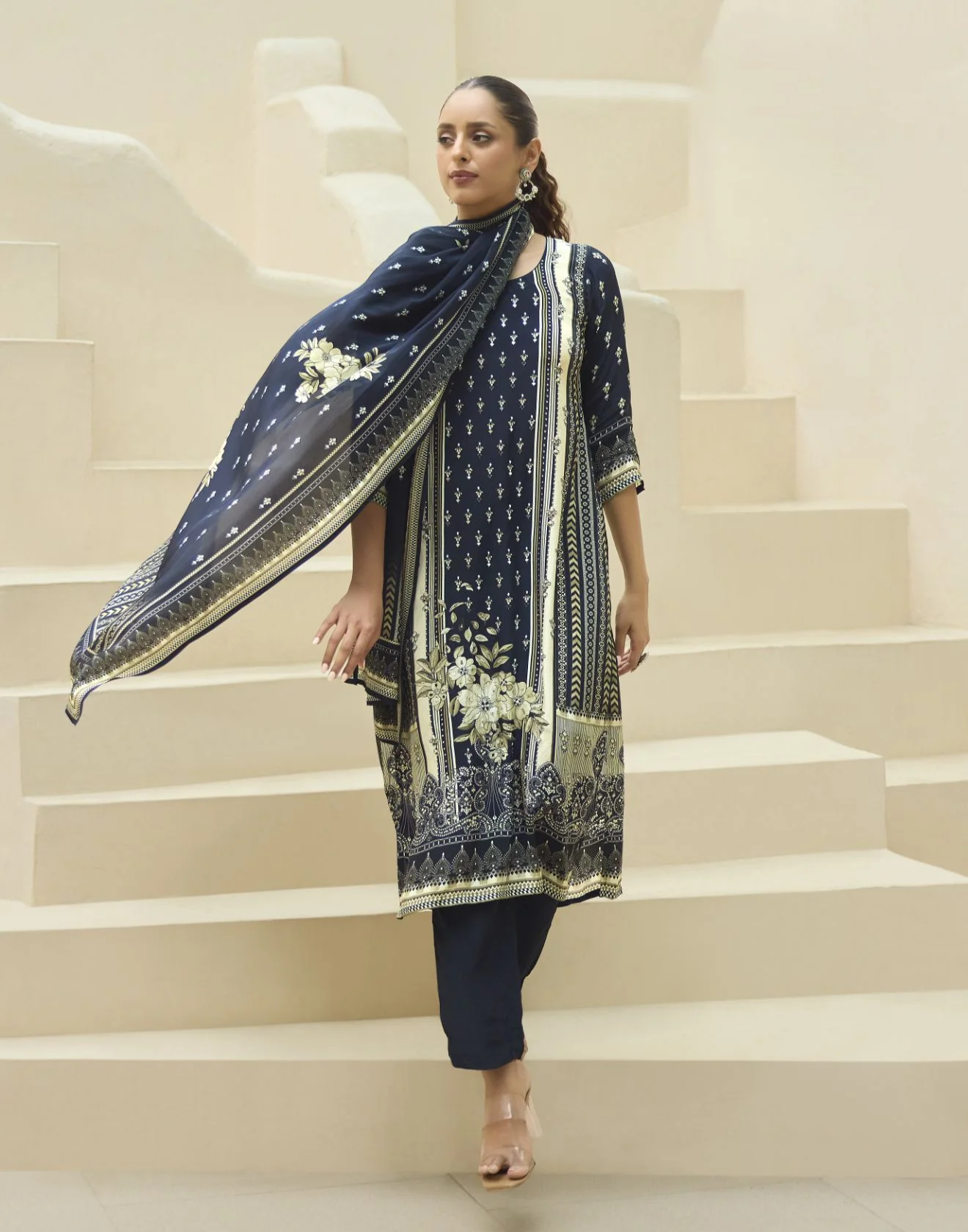 Navy Blue Paisley & Floral Printed Kurta Set