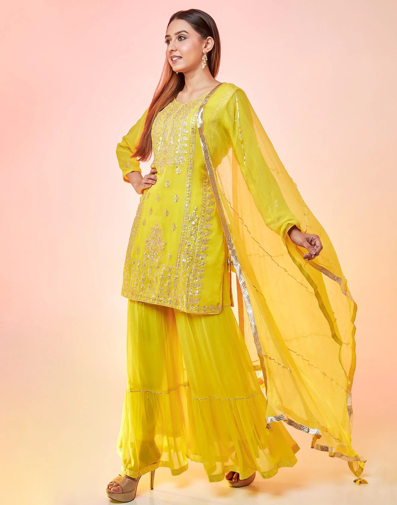 Neon Yellow Short Suit Gharara Set Embellished In Gota Work - Image 3