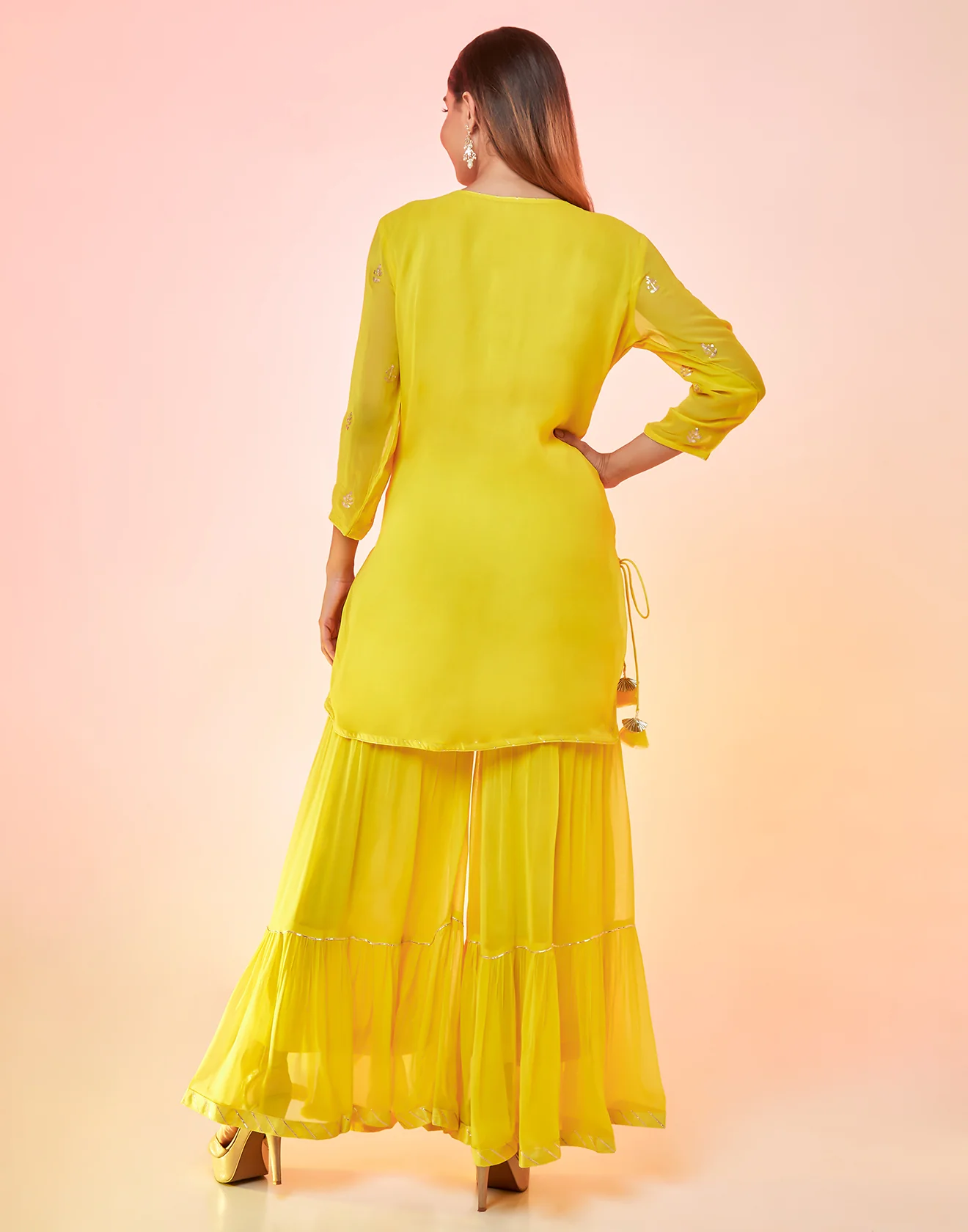 Neon Yellow Short Suit Gharara Set Embellished In Gota Work - Image 4