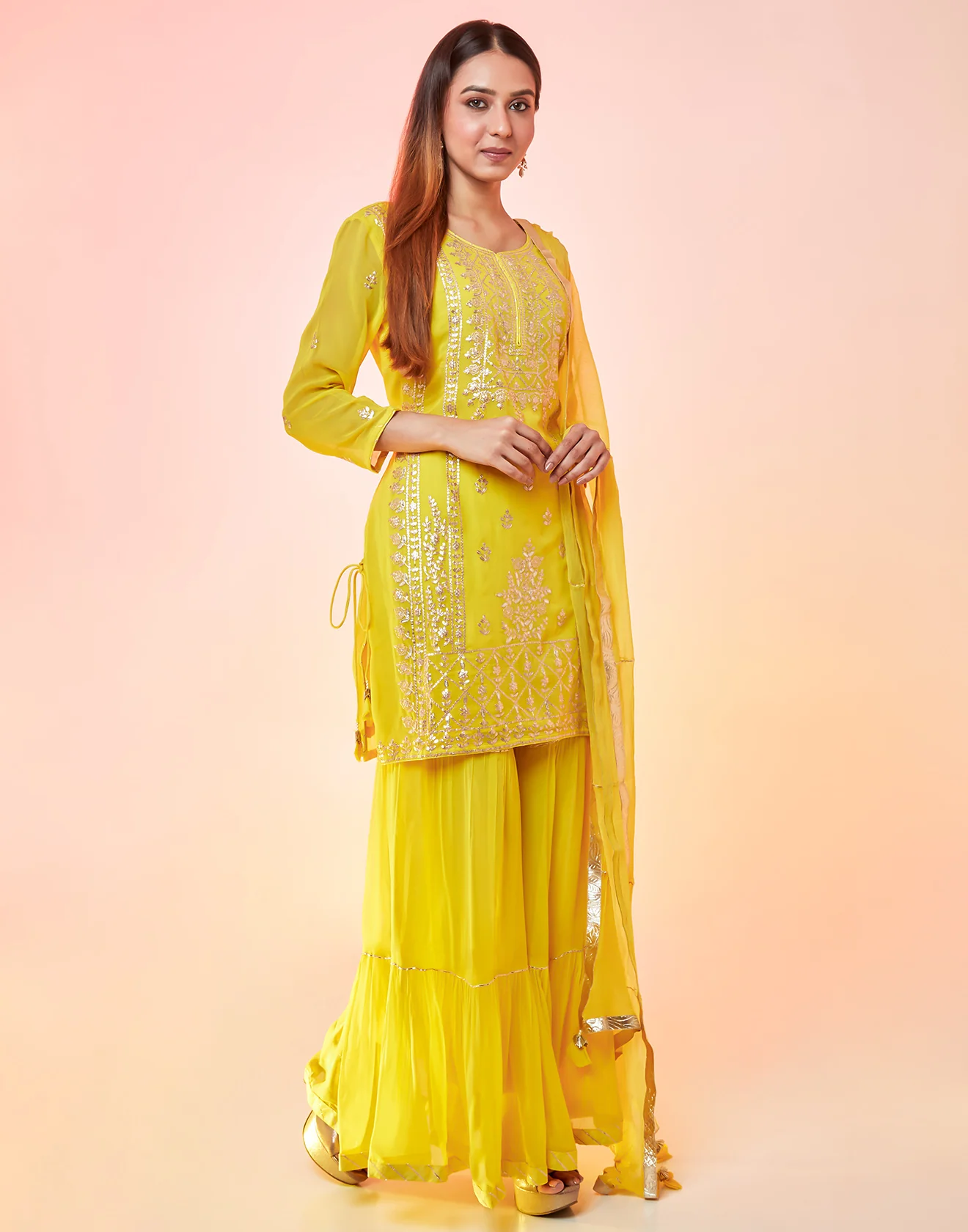 Neon Yellow Short Suit Gharara Set Embellished In Gota Work - Image 5