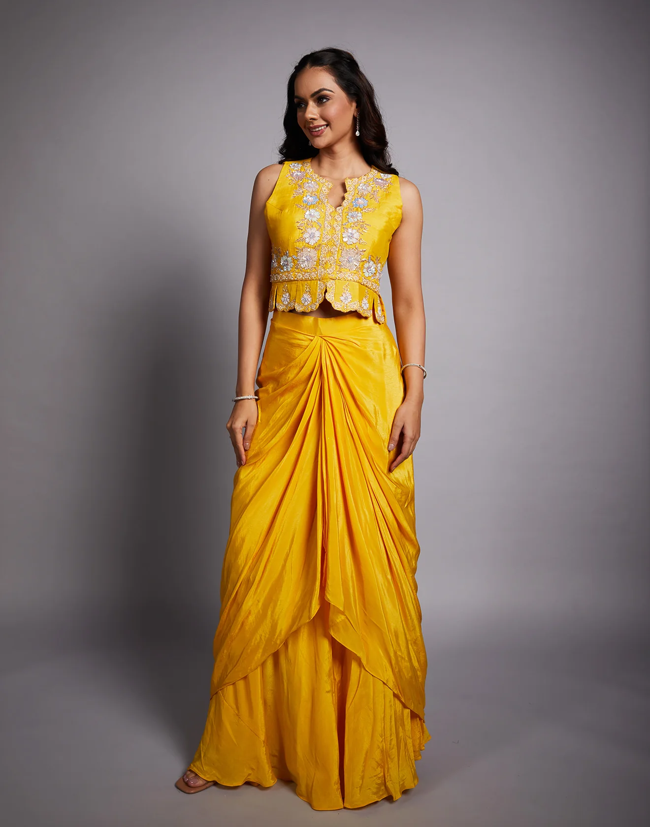 Ocean Blue And Yellow Ombré Embroidered Fusion Set For Haldi - Image 2