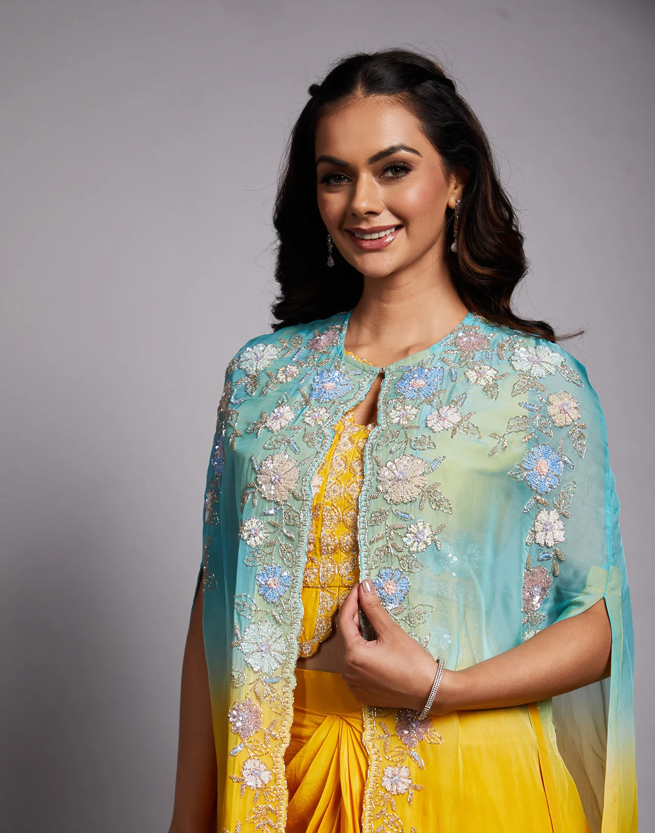 Ocean Blue And Yellow Ombré Embroidered Fusion Set For Haldi - Image 4